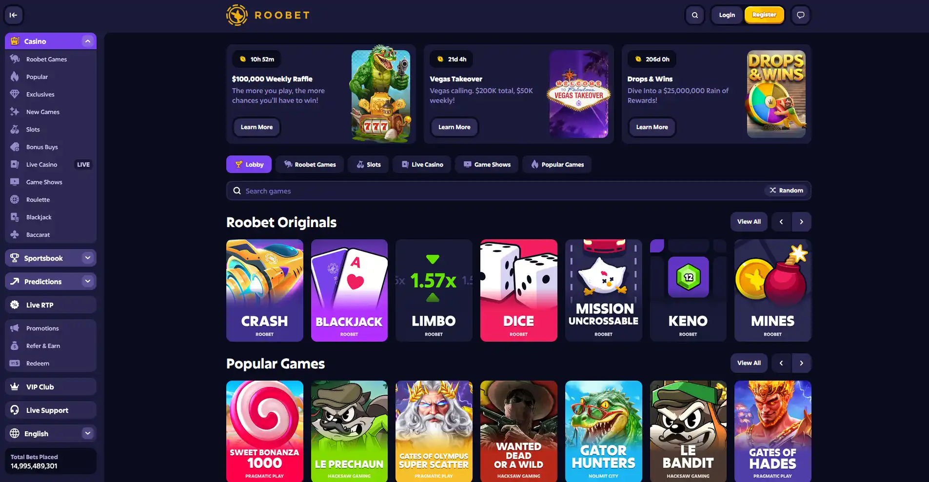 Лобби Roobet: панель категорий, поиск игр и ряды Roobet Originals и популярных игр