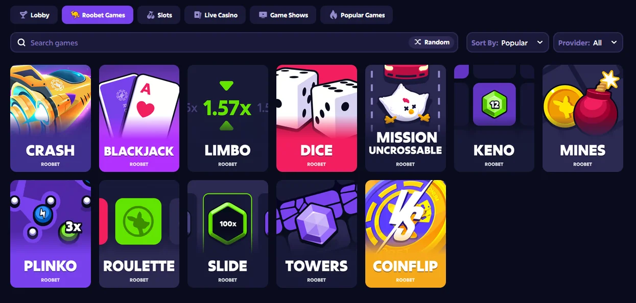 Плитки оригинальных игр Roobet: Crash, Blackjack, Limbo, Dice, Mines, Plinko, Towers и другие