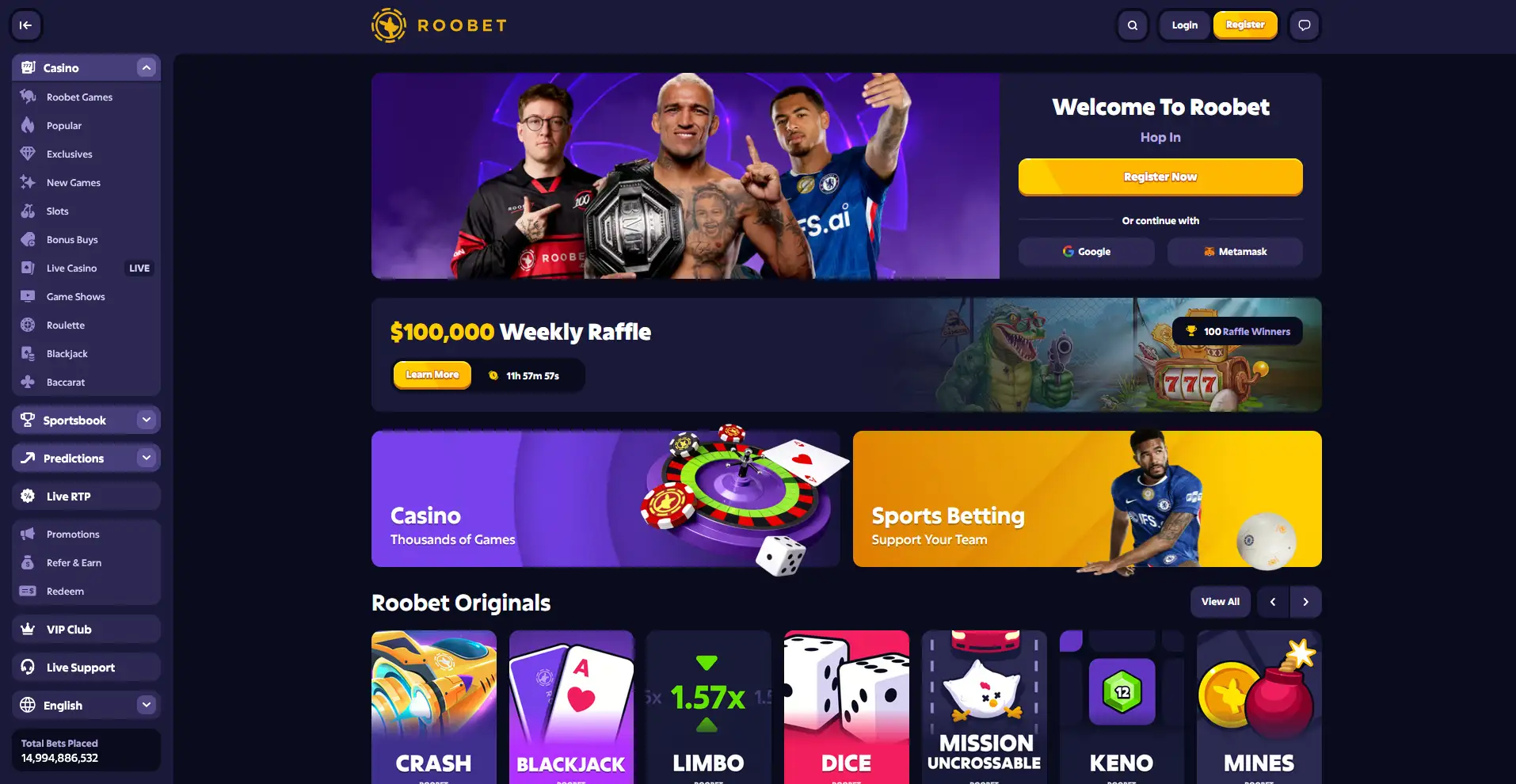 Главная страница Roobet: промобаннеры, категории игр и раздел Roobet Originals