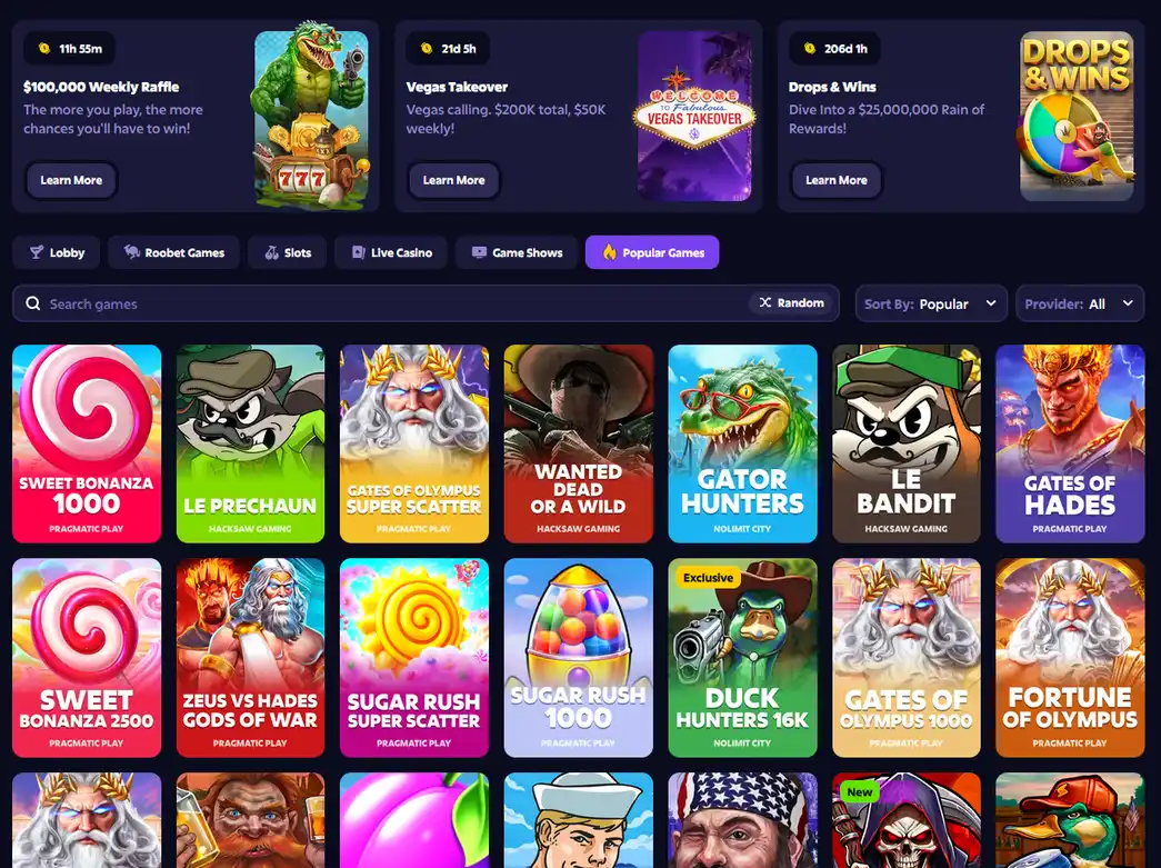 Раздел популярных игр Roobet с фильтрами по провайдеру и сортировкой