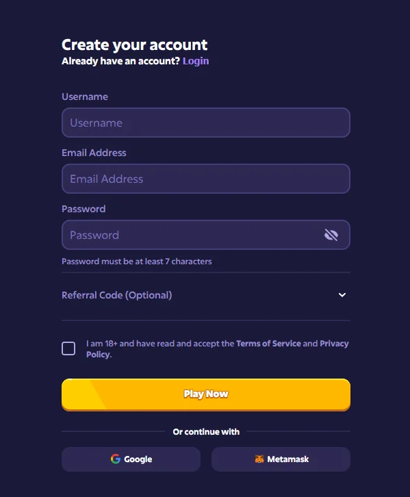 Форма создания аккаунта Roobet: никнейм, e-mail, пароль и поле реферального кода